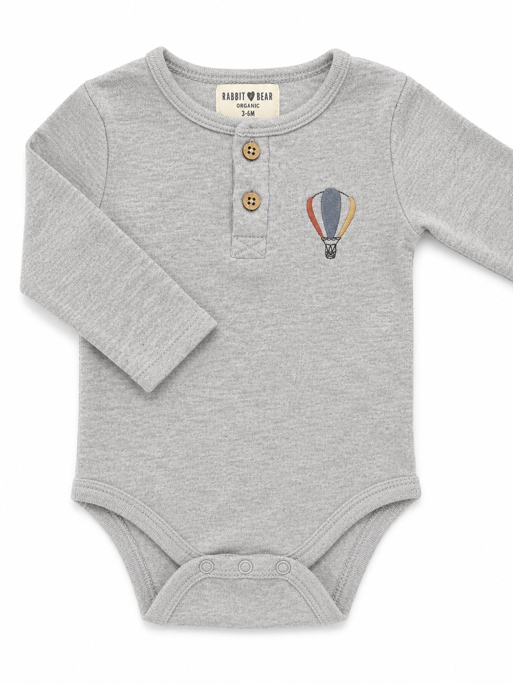 Rabbit & Bear Organic Grey Long-Sleeve Baby Bodysuit with Hot Air Balloon